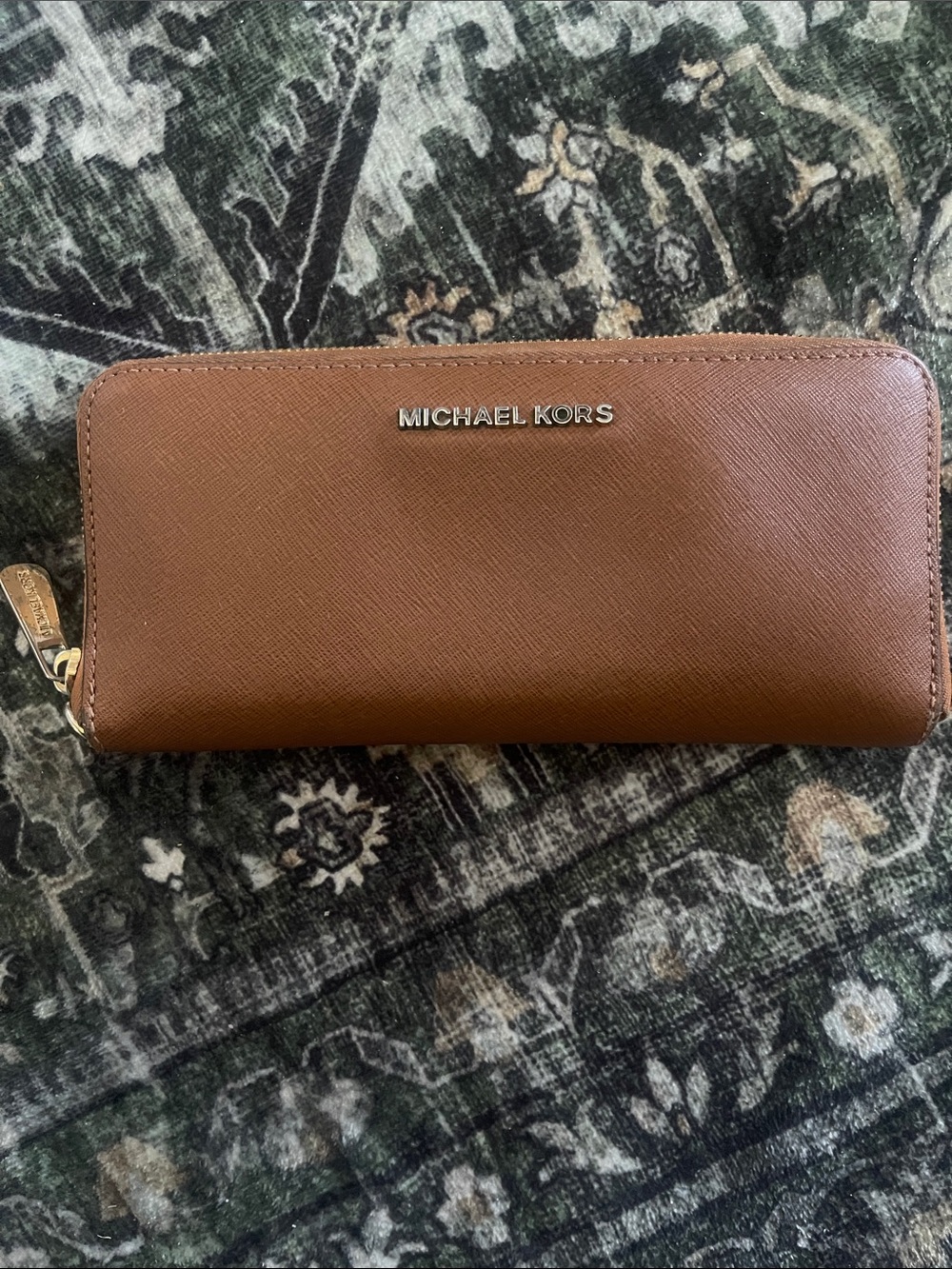 Michael Kors Saffiano Zip-Around Wallet in Cognac Brown with Gold Hardware